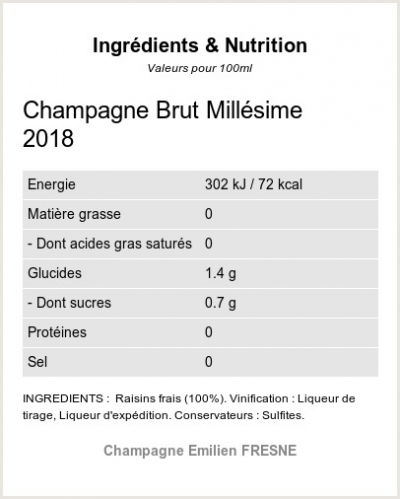 BRUT MILLESIME 2018 - Ingrdients et Nutrition 